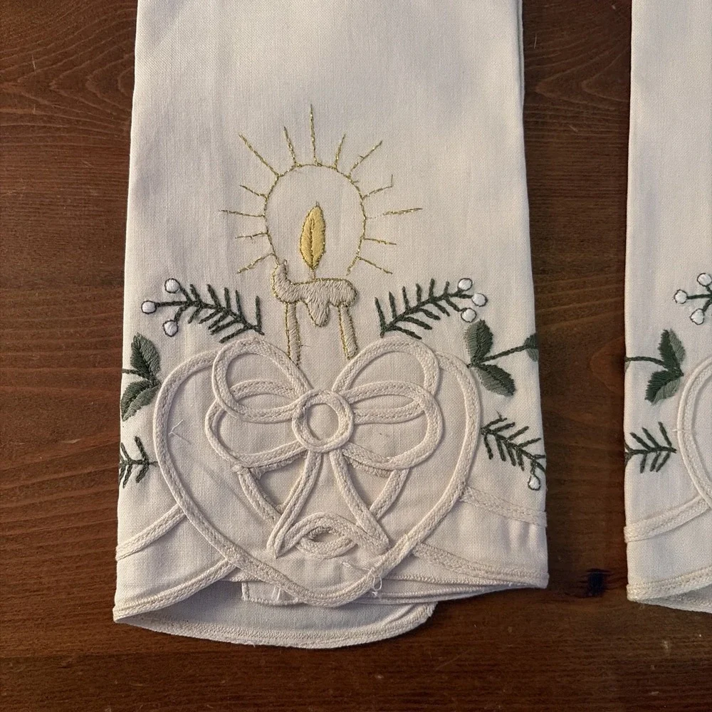 Vintage 4 Ivory Napkins Embroidered Candle Bow Cutout Approx. 12
